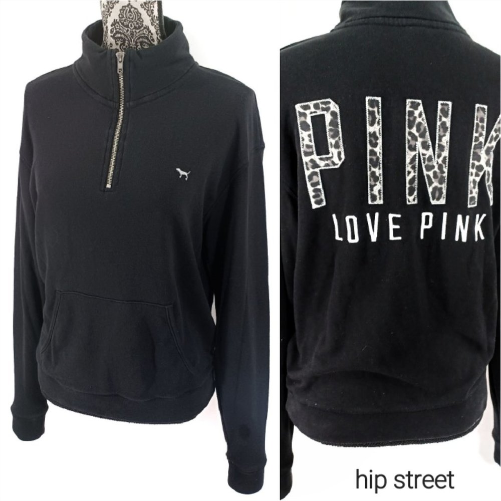 VS PINK Zip Neck Leopard Print Logo LS Sweatshirt XS